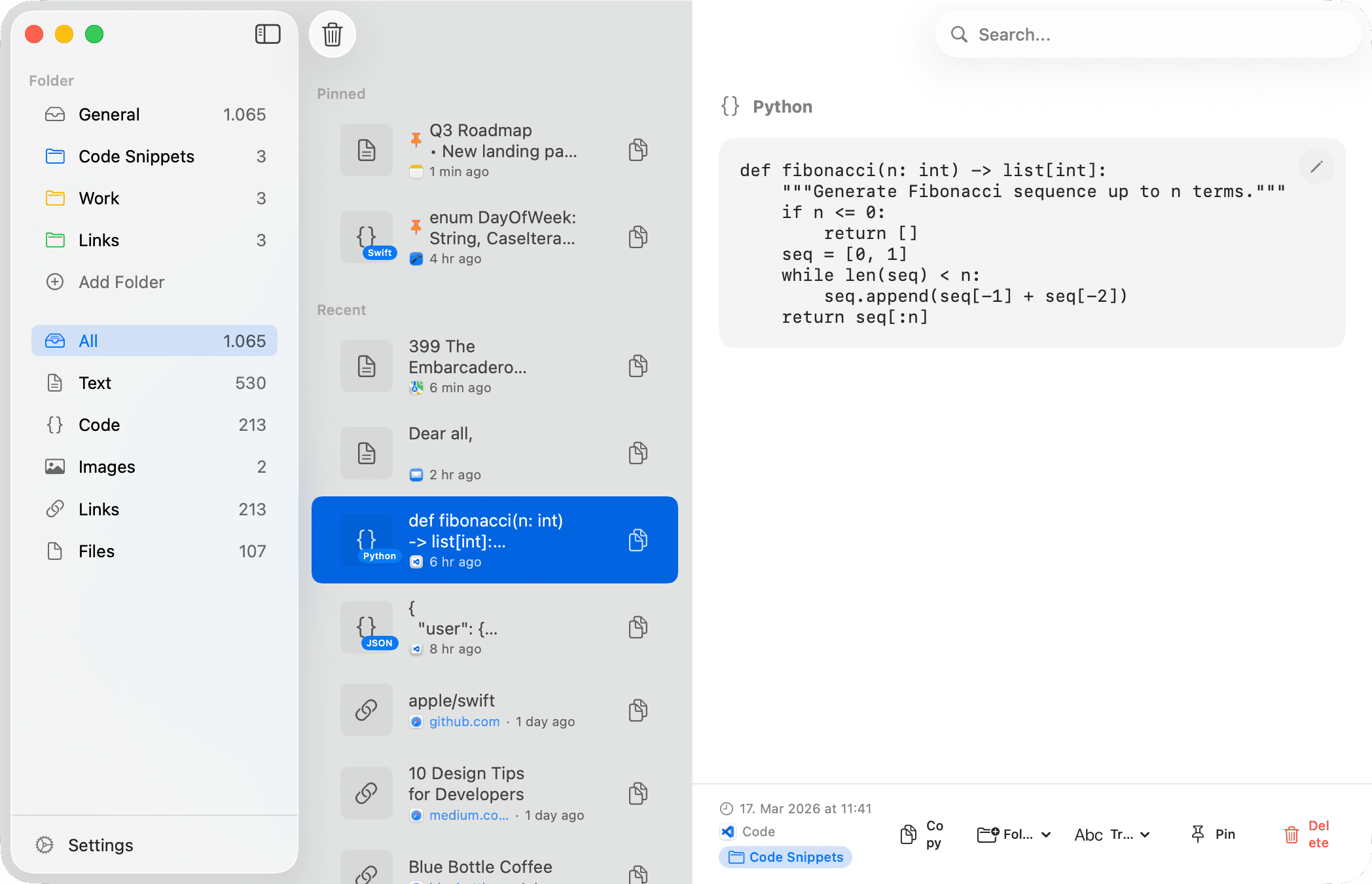 Recopy clipboard manager showing clipboard history with folders, pinned items, and code preview